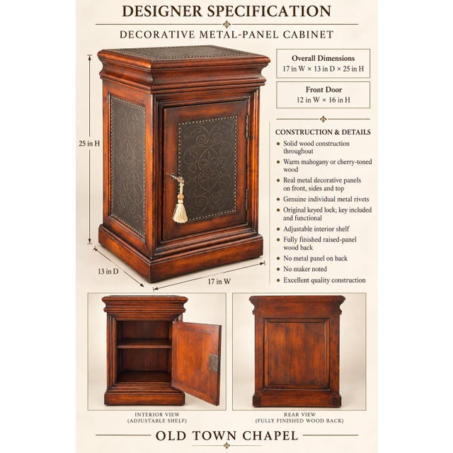 Gothic Vintage Solid Wood Locking Accent Cabinet With Engraved Metal Panels For Sale - Image 3 of 6