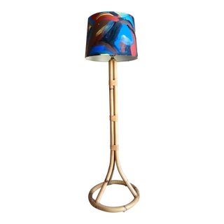French Mid Century Bamboo Rattan Floor Lamp With Hand Painted Abstract Art Shade Louis Sognot For Sale