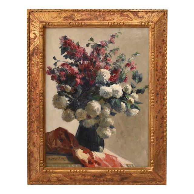 Georges Mouton, Art Nouveau Still Life with Flower Vase, 20th Century, Oil on Canvas, Framed For Sale