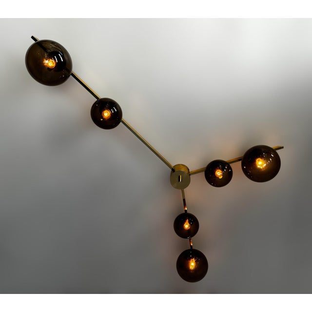 Fabio Ltd Doppio Trio Polished Brass Smoky Globe Flush Mount by Fabio LTD For Sale - Image 4 of 5