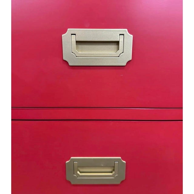 Wood Red Campaign Style Three Drawer Chest With Brass Hardware. For Sale - Image 7 of 8