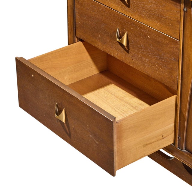 Brown Broyhill Brasilia Mid Century Walnut and Brass 9 Drawer Lowboy Dresser For Sale - Image 8 of 11