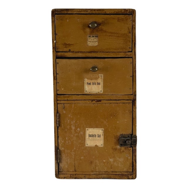 Spectacular Diminutive Antique Painted Pine Apothecary 3 Compartment Cupboard With Labels For Sale