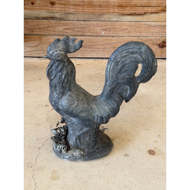 Mid 20th Century Vintage French Style Cast Iron Rooster Garden Statue With Wrought Iron Floral Base For Sale - Image 5 of 12