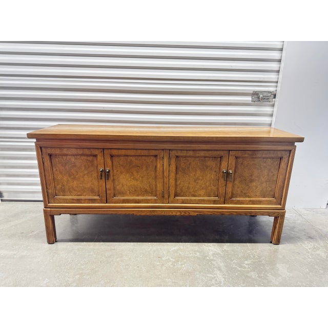 Mid 20th Century Burl Walnut Four Door Sideboard Credenza by Thomasville One side opens to three interior drawers. The...