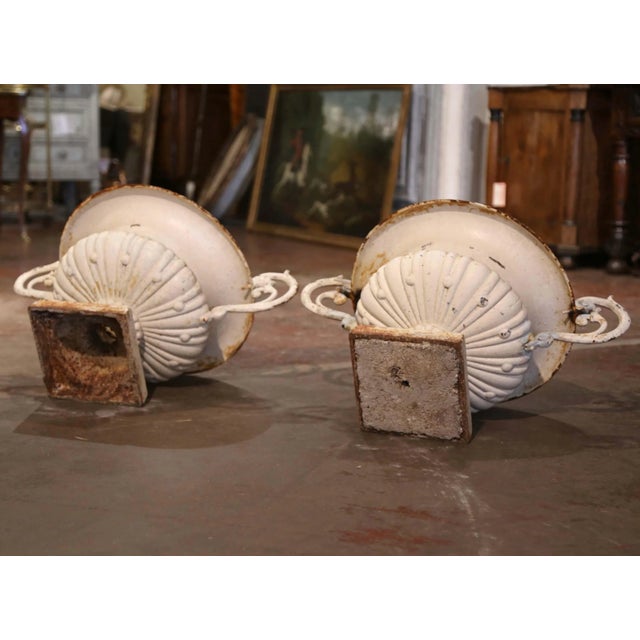 19th Century French Painted Weathered Iron Garden Urn Planters - Set of 2 For Sale - Image 9 of 9