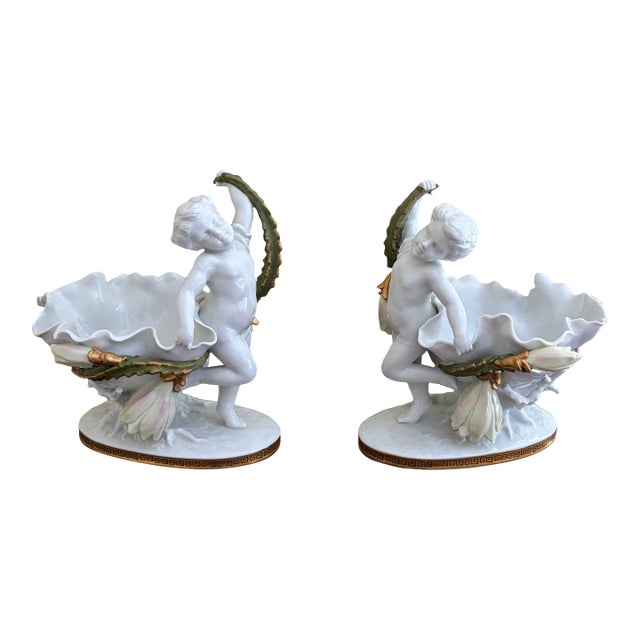 Early 20th Century German Porcelain Putti Compotes, Pair For Sale