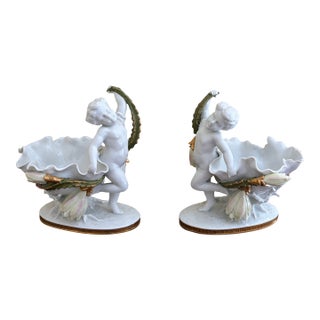 Neoclassical Porcelain Compotes With Putti & Gold Gilt Greek Key Border, Pair For Sale