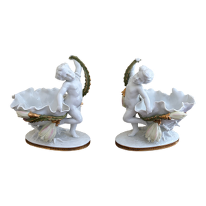 Neoclassical Porcelain Compotes With Putti & Gold Gilt Greek Key Border, Pair