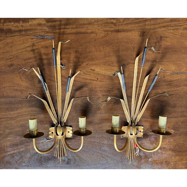 1950s Hollywood Regency Gilt Cattail Sconces, Pair For Sale In Richmond - Image 6 of 7