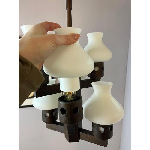 Brown Dark Brown and White Wooden Chandelier with Opal Glass Glass from Vitrika For Sale - Image 8 of 11