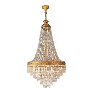 Antique Crystal Basket Chandelier Brass Directoire Style Restored Empire Italy For Sale