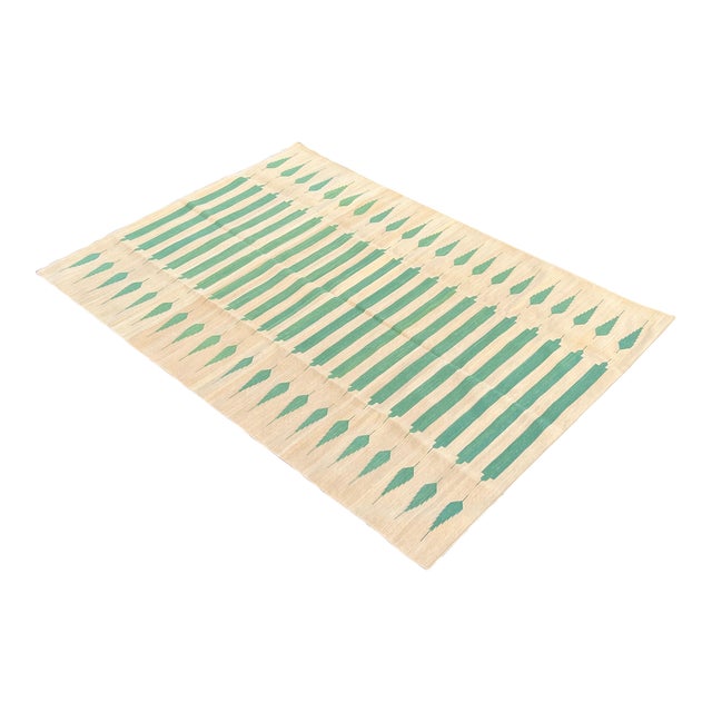 Handwoven Cotton Area Rug, Vegetable Dyed Yellow and Green Striped Dhurrie - 8'x10' For Sale