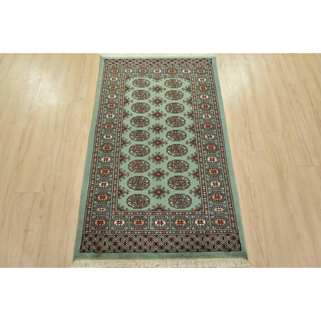 Tribal Bokhara Rug 3’2” X 5’2” Green Wool Tribal Hand-Knotted Oriental Carpet For Sale - Image 3 of 11