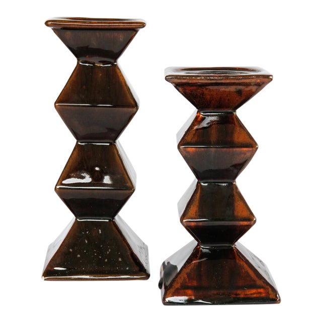 Vintage Dark Brown Ceramic Pillar Candle Holders A Pair Chairish
