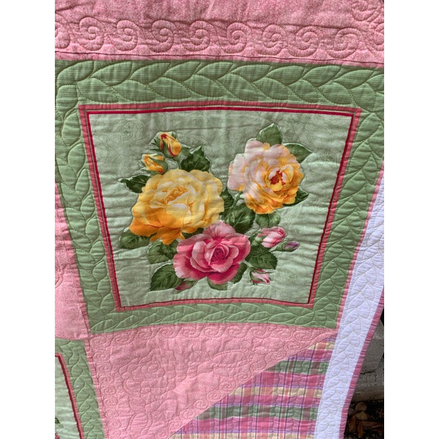 Vintage 1990’s Floral Patchwork Quilt Pink Green Yellow Roses Reversible to Pink Multi Seersucker Motifs 68” X 53” Twin For Sale - Image 10 of 12