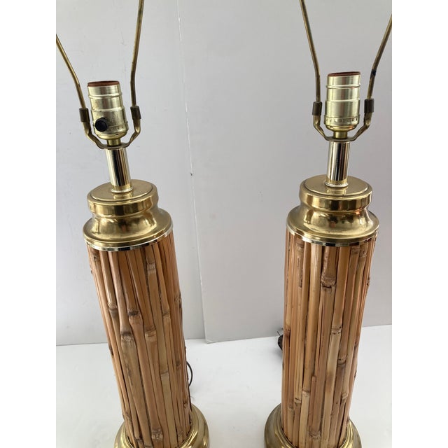 1960s Pencil Reed Rattan Table Lamps With Brass Details- A Pair For Sale In Los Angeles - Image 6 of 10