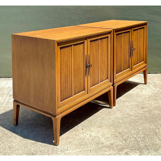 Wood Vintage MCM Wood Cabinets With Grooved Doors - Pair For Sale - Image 7 of 15