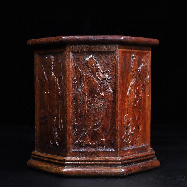 Vintage Chinese Huali Rosewood Brush Pot | Octagonal Carved Eight Immortals Motif For Sale - Image 4 of 10