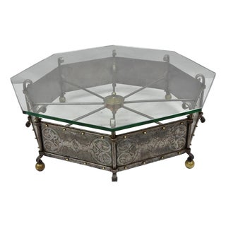 Antique Gothic Spanish Renaissance Steel Brass Octagonal Glass Top Coffee Table For Sale