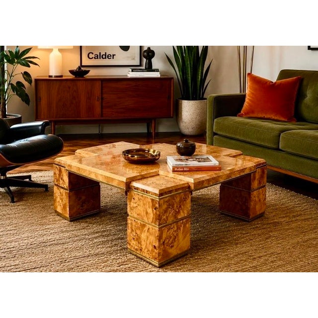 Tan Rare Willy Rizzo Burlwood Square and Brass Coffee Table Italy 1970s For Sale - Image 8 of 12