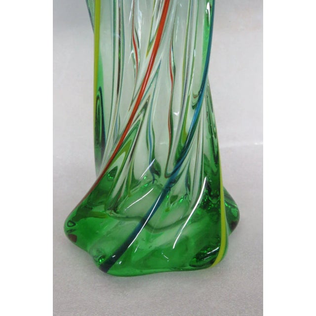 Blue Mid Century Modern Hand Blown Glass Twisted Fan Rim Tall Vase For Sale - Image 8 of 13