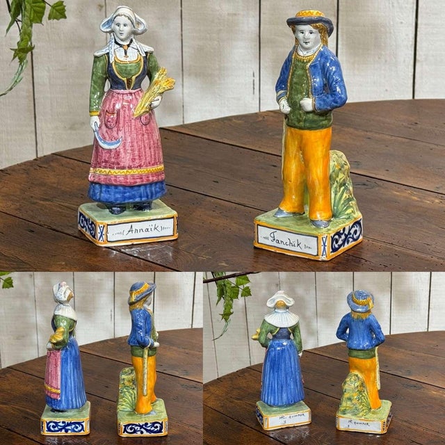 Breton couple in Quimper earthenware from the 1930s - Annaik and Fanchik - H=23.5cm W=8.5cm D=8cm