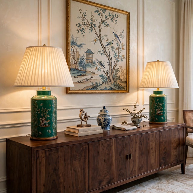 1970s Large Frederick Cooper Emerald Green Hand-Painted Green Tole Chinoiserie Table Lamps - A Pair For Sale - Image 18 of 18