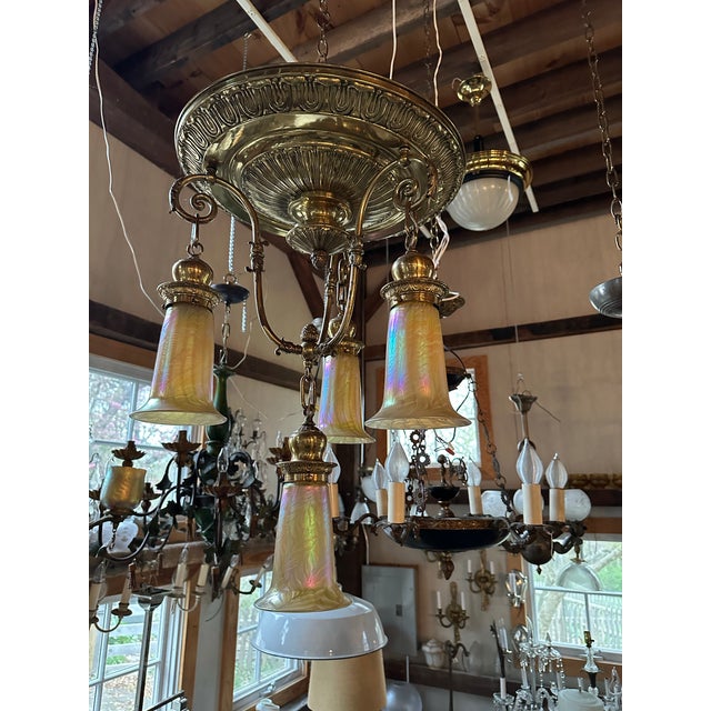 Vintage 4 Light Brass Ceiling Fixture With Lundberg Studios Art Glass Shades For Sale In New York - Image 6 of 8