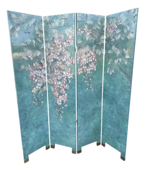 Mid 20th Century Chinoiserie Hand-Painted 4-Panel Screen With Blossoming Tree