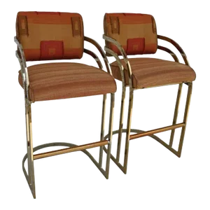 1970s Vintage Mid-Century Flat Bar Gold Brass Cantilever Stools, Arthur Umanoff Style - a Pair