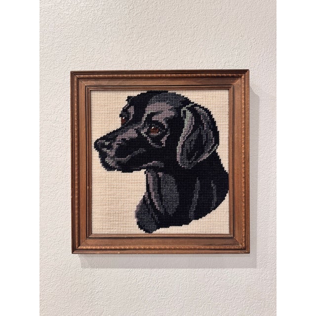 Mid-Century Modern Vintage Framed Black Labrador Retriever Wool Needlepoint Textile Art For Sale - Image 3 of 4