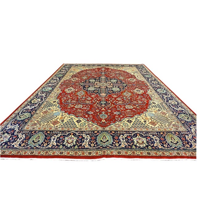Antique Persian Tabriz Wool 9x13 Ivory, Red, & Navy Handmade Area Rug # 1143534 For Sale In Houston - Image 6 of 12