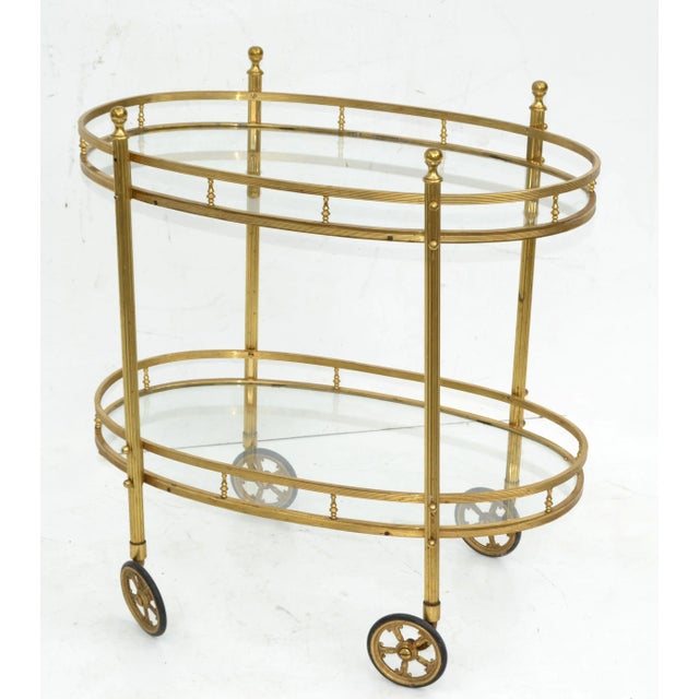 1950s Maison Bagués 2 Tier Oval Brass & Glass Bar Cart Mid-Century Modern France 1950 For Sale - Image 5 of 13