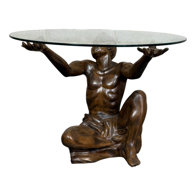 Round Atlas Man Coffee Table in Carved Wood and Glass For Sale