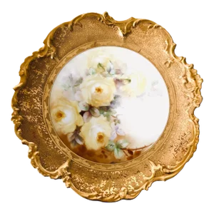 Antique Limoges China , Yellow Roses & Heavy Gold Rim Wall Plate