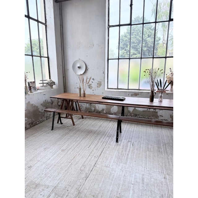 Trestle Farm Table and Benches, 1950s, Set of 3 For Sale - Image 4 of 18