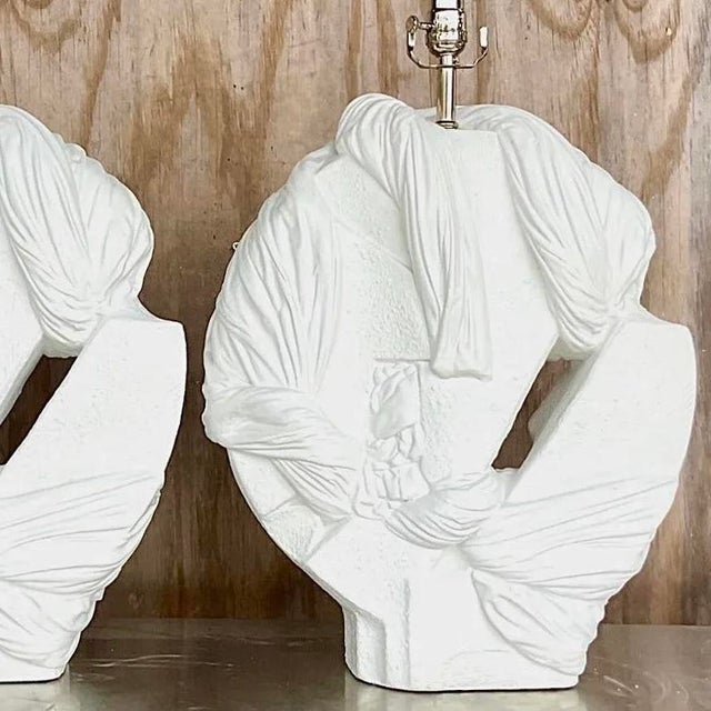 White Vintage Coastal Abstract Knot Plaster Lamps - a Pair For Sale - Image 8 of 12