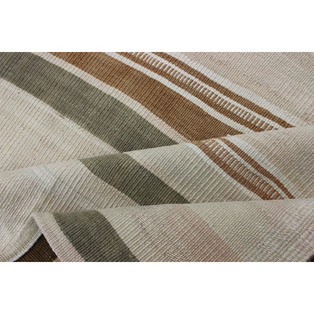 Gray Large Kilim Vintage Rug With Green-Gray and Cognac Color in Stripe Design For Sale - Image 8 of 10