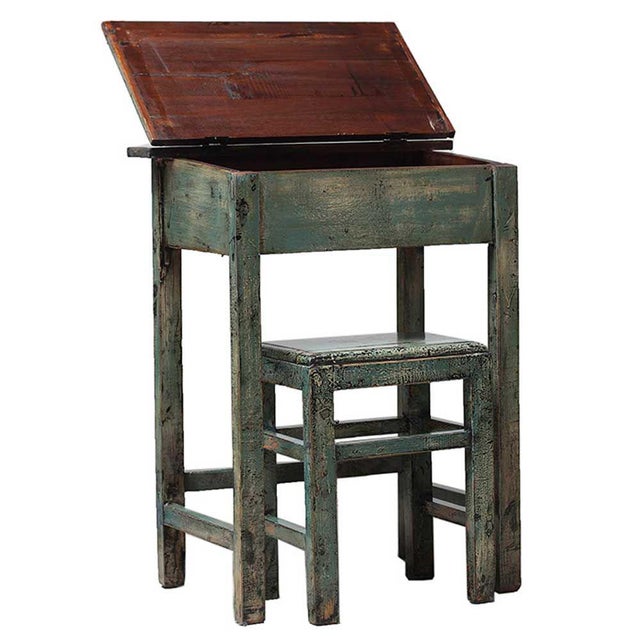 Antique Distressed Lacquer Desk and Stool, Set of 2 For Sale - Image 3 of 4