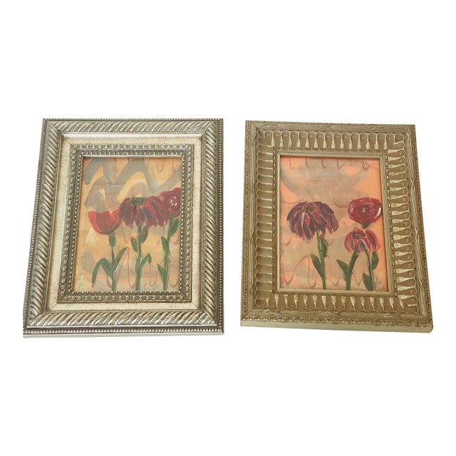 1970s Pair Abstract Modern Floral Small Paintings Framed For Sale