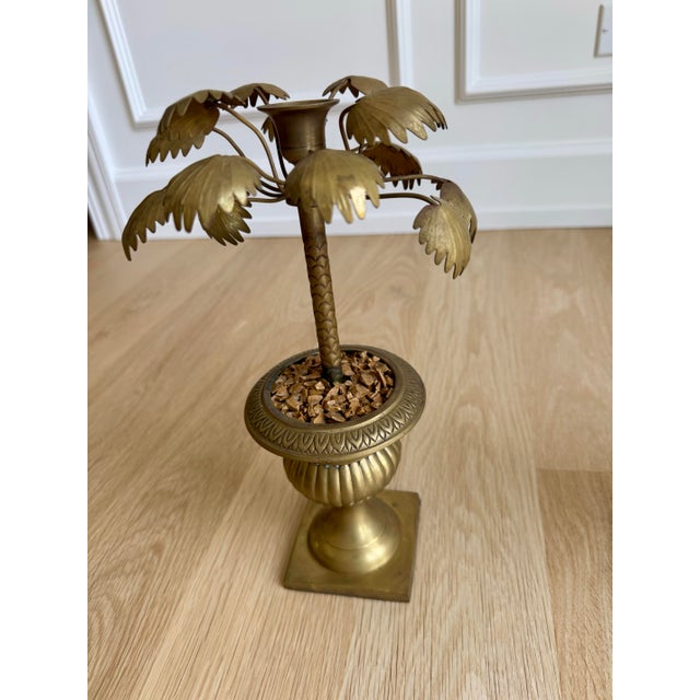 Vintage Heavy Brass Palm Tree Candlesticks in Urn Bases – Set of Three – Circa 1970s For Sale In Chicago - Image 6 of 8