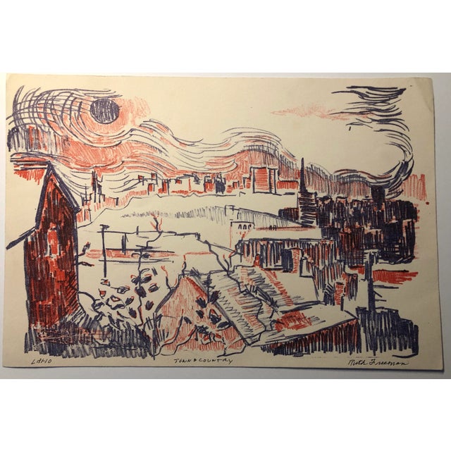 Pittsburgh artist Ruth Freeman (born 1940s) "Town and Country" cityscape color lithograph. Pencil signed and titled.