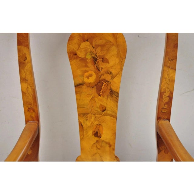 Late 20th Century Vintage Queen Anne Style Italian Burl Wood Marquetry Inlay Arm Chairs - A Pair For Sale - Image 5 of 12
