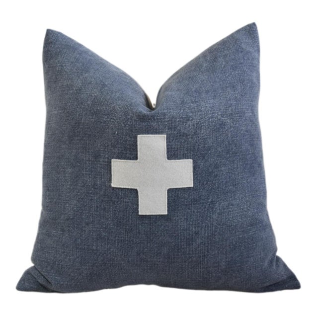 French Blue and Cream Appliqué Cross Wool & Linen Feather/Down Pillow For Sale In Los Angeles - Image 6 of 6