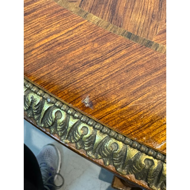 1940s Bronze Ormolu Mounted Oval Marquetry End or Side Table For Sale - Image 12 of 12