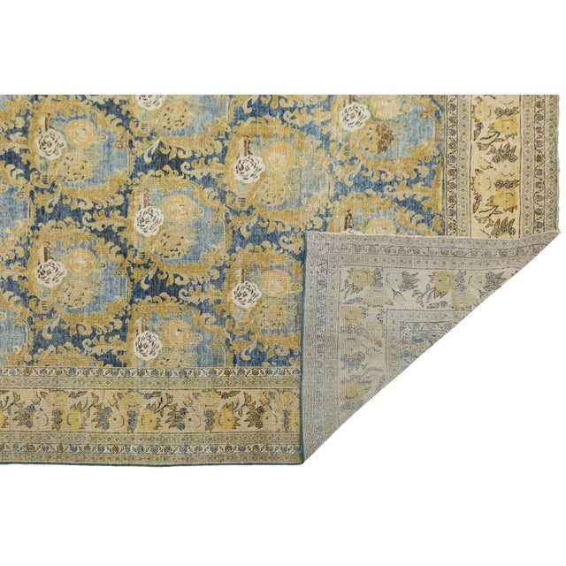 Transitional Antique Mahal Rug With Muted Ochre and Indigo Blue Floral Medallions For Sale - Image 3 of 12