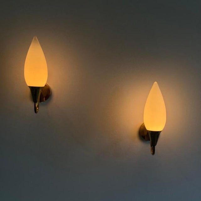 Brass Wall Lamps with Opaline Glass by Paavo Tynell, 1940s, Set of 2 For Sale - Image 6 of 18