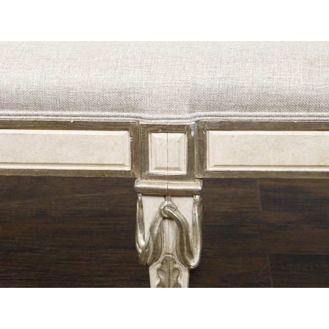 Italian Midcentury Painted Bench with Silver Foliage Carved Legs and Upholstery For Sale - Image 10 of 11