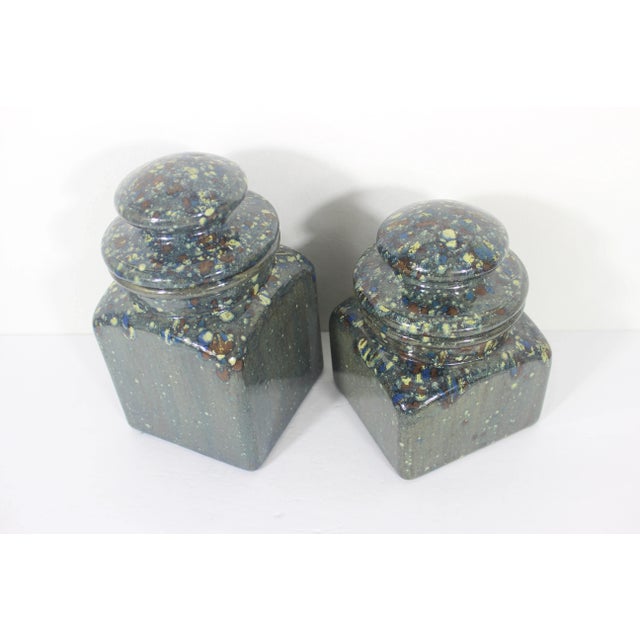 1960s 1960s Vintage Ceramic Drip Glaze Mid-Century Modern Kitchen Canisters Set of 2 Lidded Pots For Sale - Image 5 of 8